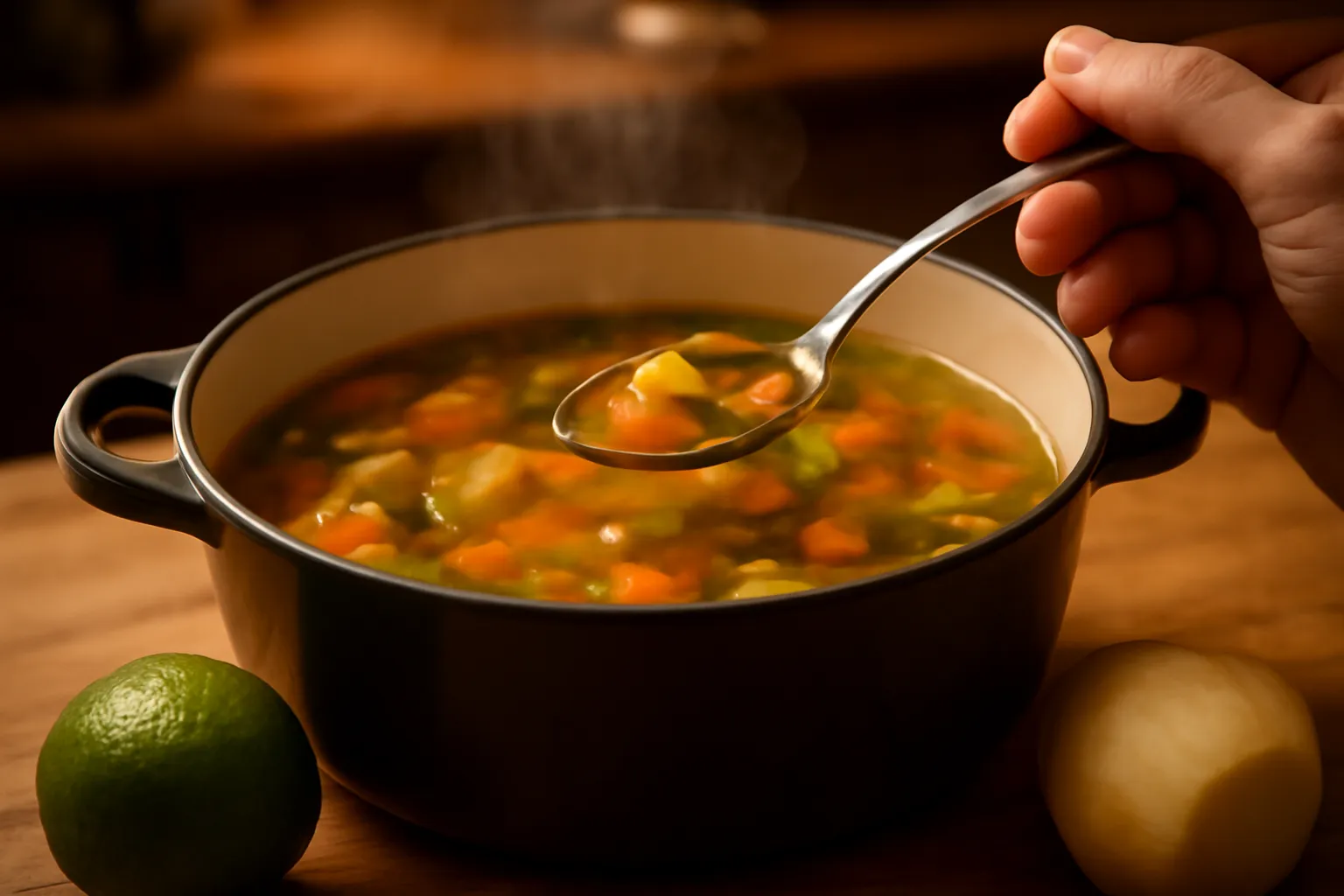 Nồi canh chay đang được nếm bằng thìa nhỏ, bên cạnh là chanh và khoai tây gọt sẵn