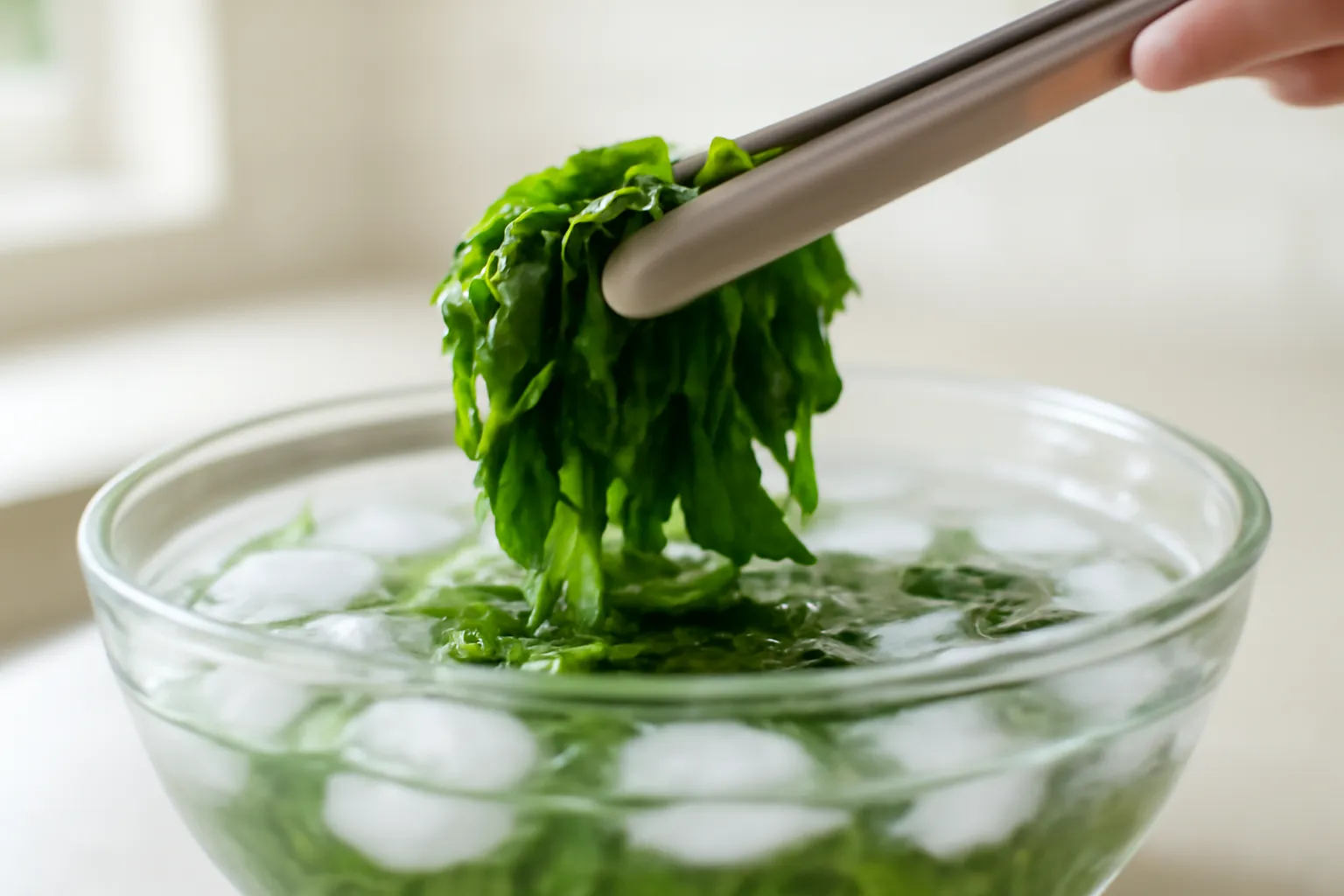 Rổ rau cải vừa chần xong đang được thả vào bát nước đá