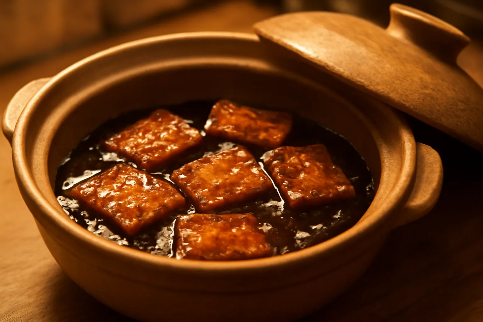 Nồi đất kho đậu hũ đang sôi lăn tăn, nắp đậy hé, nước sốt sánh màu cánh gián