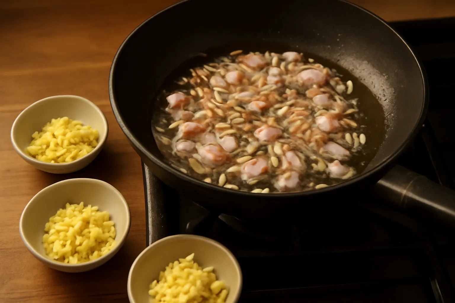 Chảo dầu đang phi hành tím rồi tới sả, gừng và tỏi xếp sẵn trong bát nhỏ